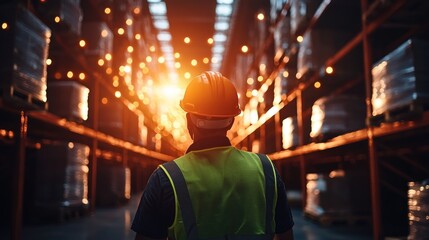Fototapeta premium Worker in Safety Vest and Helmet in Warehouse Environment