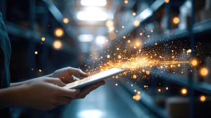 Team Using Digital Tablets in Warehouse Environment