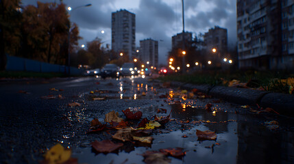A city street with cars and a lot of leaves on the ground