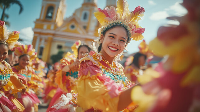 Sinulog Festival, a colorful parade with participants dressed in bright traditional Filipino costumes, dancing energetically on the main street, Ai generated images