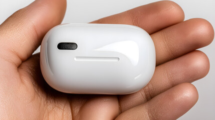 A white earbud is being held in a person's hand