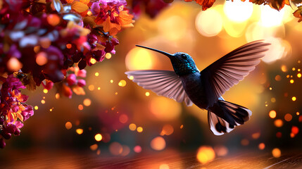 Fototapeta premium A hummingbird is flying over a tree with red leaves