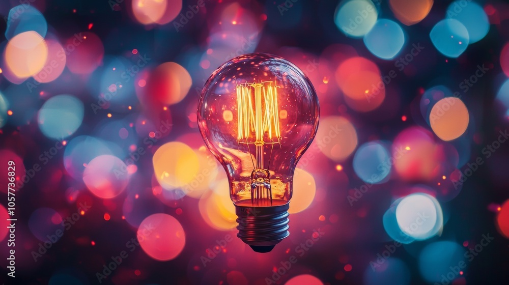 Poster glowing light bulb with colorful bokeh background