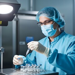 a high-tech pharmaceutical factory, a dedicated worker manages vaccine vials, Pharmaceutical Manufacturing,, Healthcare Technology