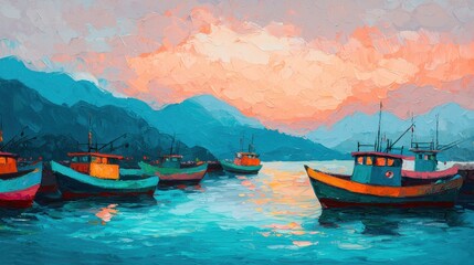 Fototapeta premium Dreamy Japanese Style Painting of Colorful Boats
