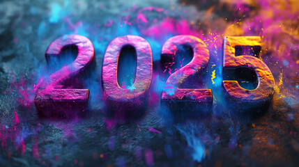 New year 2025 is rendered in a 3D digital style, with the numbers illuminated in a vibrant neon glow surrounded by bursts of colored smoke. Happy new Year 2025 Concept