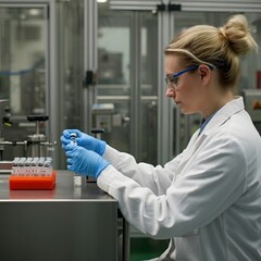 a high-tech pharmaceutical factory, a dedicated worker manages vaccine vials, Pharmaceutical Manufacturing,, Healthcare Technology