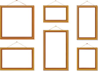 Five Wooden Picture Frames Hanging On White Background