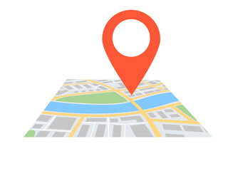 Colorful flat abstract city map with a red location mark. Illustration on transparent background