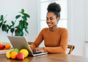 Smiling African-American woman using laptop at home near fresh fruit