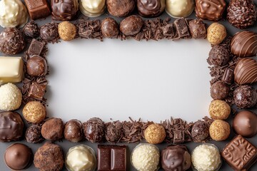 Assorted chocolate candies framing blank space on white background