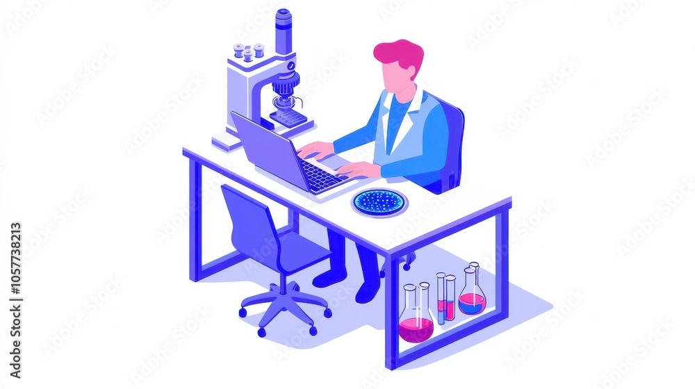 Poster isometric infographic of scientist using microscope