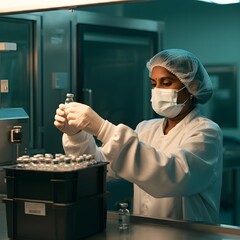a high-tech pharmaceutical factory, a dedicated worker manages vaccine vials, Pharmaceutical Manufacturing,, Healthcare Technology
