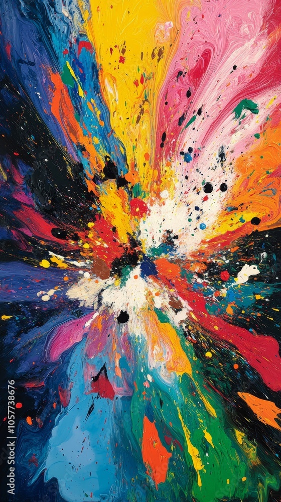 Poster vibrant abstract artwork featuring bold colors and dynamic splashes created in a studio setting