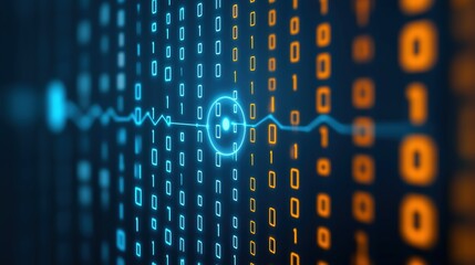 Computer screen displaying a blue and orange grid of numbers. The grid appears to be a series of binary code, with each number representing a single bit of information