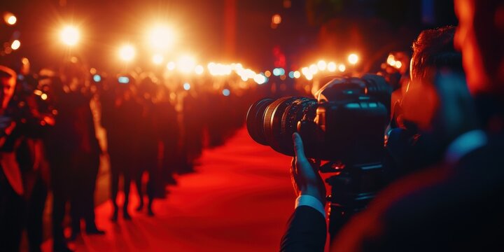 A celebratory red carpet event with photographers capturing the moment.