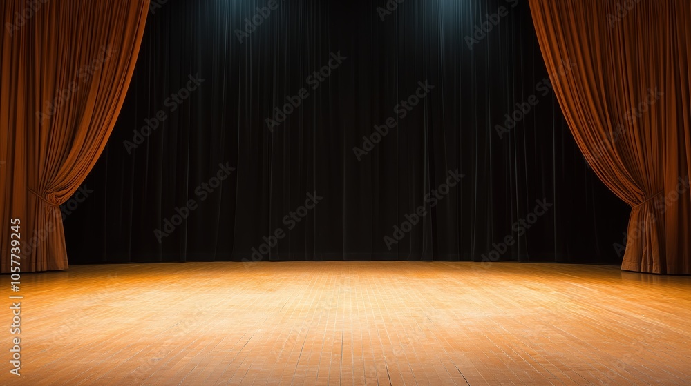 Poster stage with a curtain in the background. the curtain is open and the stage is empty. the stage is set