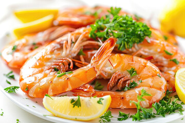 Freshly Cooked Shrimp Garnished with Parsley and Lemon Slices on a White Plate for a Delicious Seafood Meal
