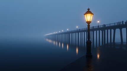 Obraz premium Street light is lit up on a foggy night. The light is on a pier next to a body of water