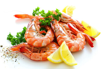 ** Fresh Cooked Shrimp with Lemon Slices and Parsley on a White Background for Culinary and Seafood Concepts..**