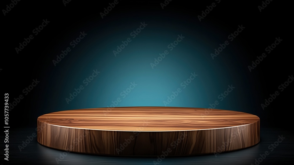 Poster wooden table with a blue background. the table is empty and has a round shape. the blue background g