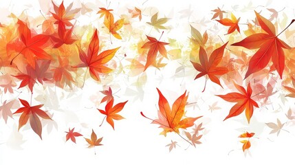 Fototapeta premium A beautiful autumn background with red, orange, and yellow leaves falling against a white background.