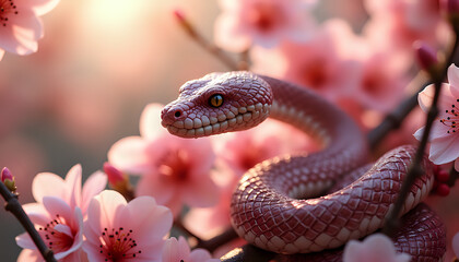 Obraz premium Graceful Snake Coiled Among Cherry Blossoms in Dreamy Spring Scene