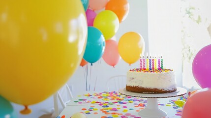 A birthday cake with lit candles and colorful balloons on a table with confetti.