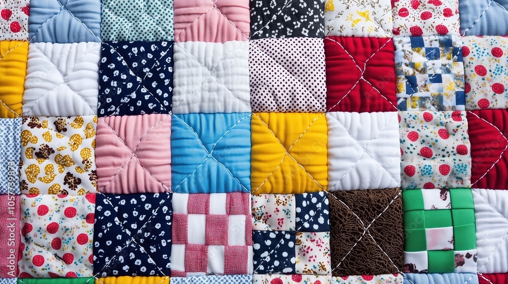 Aufkleber patchwork quilt with many different colored squares. the quilt is made up of many different pieces o