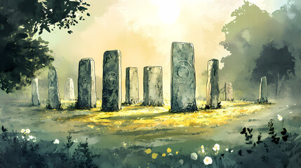 An ancient stone circle or megalithic site, representing the reverence for the sacred in ancient cultures, watercolor style generative ai. Celtic Druid Circle. Illustration