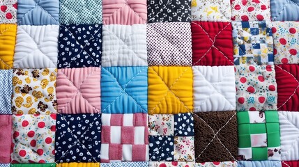Patchwork quilt with many different colored squares. The quilt is made up of many different pieces of fabric, and the colors and patterns are very diverse. The quilt appears to be very colorful