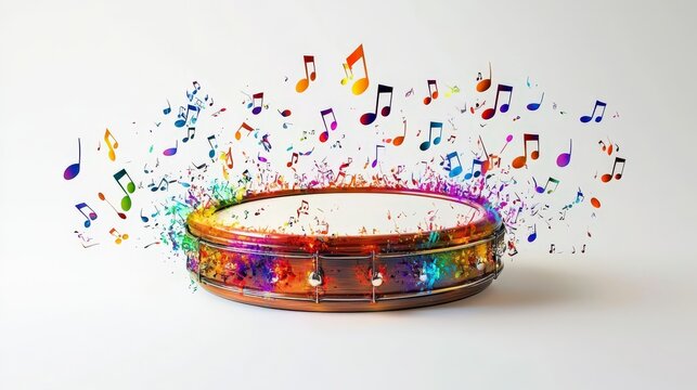 This image features a vibrant burst of musical notes explosively emitting from a central drum, symbolizing the energy and harmony of creative musical expression.