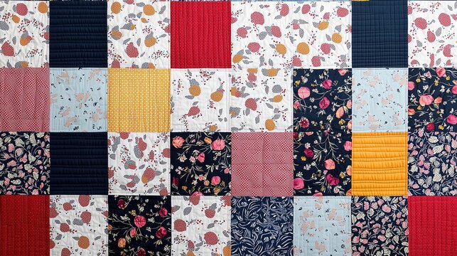 Patchwork quilt with a variety of floral patterns. The quilt is made up of many different pieces of fabric, each with its own unique design. The overall effect is a colorful