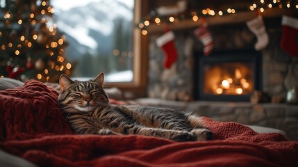 Rustic Living Room with a Cozy Fireplace and Decorated Christmas Tree