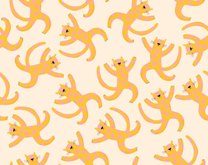 Funny Seamless Vector Pattern With Happy Leopards. Wild Cats on a Apricot Background. Repeatable Print with Happy Dancing Leopards. Endless Print with Yellow Hand Drawn Wild Cats with Pink Dots. 