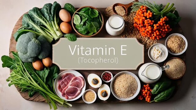Various fresh food with the sign inscription vitamin E tocopherol
