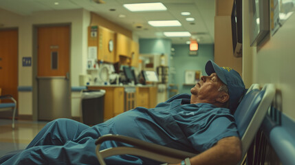 Obraz premium Exhausted Nurse Napping in Hospital Break Room Highlights Sleep Deprivation in Healthcare