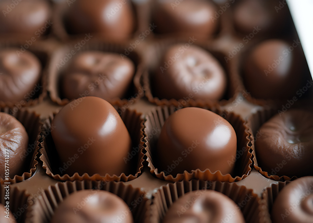 Aufkleber View shows chocolates stacked neatly inside a box with plenty of empty space around them.