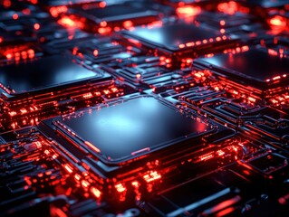 Obraz premium Exploring the intricacies of modern technology through a glowing circuit board design