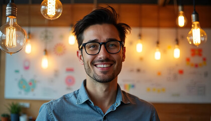 a man wearing glasses and a shirt with a light bulb hanging from the ceiling.