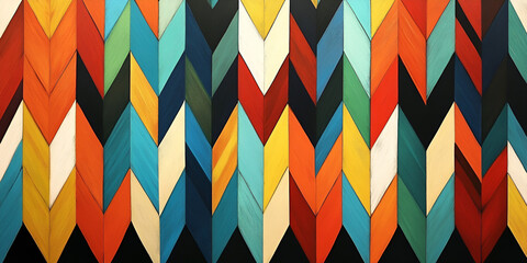 A modern art piece showcasing bold, colorful triangles in a dynamic arrangement.