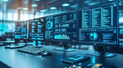 A modern data center with multiple monitors showing real-time analytics and system information in a high-tech office setting.