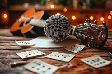 Acoustic guitar and vintage microphone with sheet music on rustic wooden table