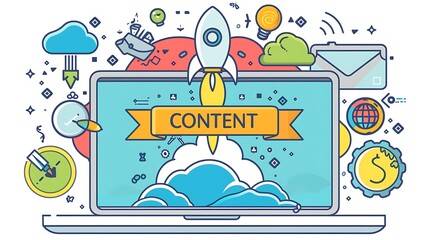a laptop screen with a cartoon depiction of a content creation process, where a rocket launches...