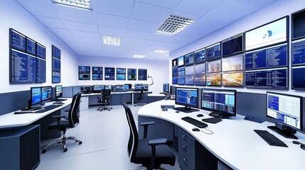 A modern control room featuring numerous screens, state-of-the-art technology, and ergonomic workstations.
