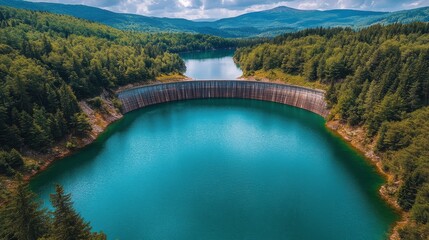 Obraz premium Scenic view of a tranquil reservoir surrounded by lush forests and mountains during daylight