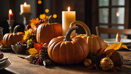 A festive Thanksgiving centerpiece featuring pumpkins, corn, candles, and autumn leaves on a wooden dining table
