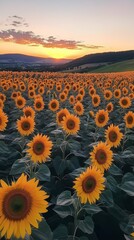 Obraz premium A vibrant field of sunflowers under a colorful sunset in a rural landscape