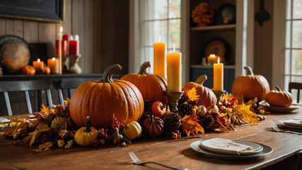 A festive Thanksgiving centerpiece featuring pumpkins, corn, candles, and autumn leaves on a wooden dining table