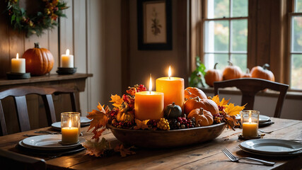 A festive Thanksgiving centerpiece featuring pumpkins, corn, candles, and autumn leaves on a wooden dining table